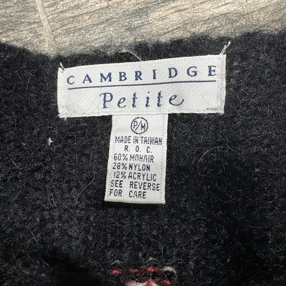 Vtg Cambridge Mohair Blend Floral Cardigan Sweater Sz PM Black Button Front